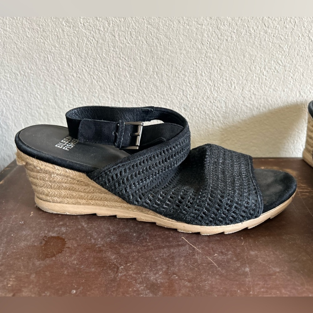 Eileen Fisher Women's Aura Slingback Espadrille Wedge Black Leather Twine Sz 9.5 - Picture 3 of 11